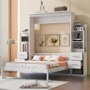 Ball & Cast Queen Size Murphy Bed,Murphy Bed Cabinet W/ 2 Four-Layer Shelves and 4 Drawers,Wall Bed W/LED Lights & Handle,Wood Folding Hidden Bed Frame for Guest Room,Bedroom,Living Room,White