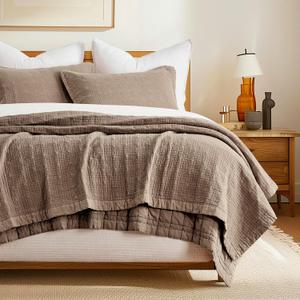 EVERGRACEHOME Stonewashed Cotton Quilt Set Full Queen Size, Ultra Soft Oversized Bedspread Coverlet Set, Lightweight Crinkle Box Stitch Bedding Sets for All Season, with 2 Shams, Mocha Brown