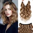 Rich Choices Short Halo Hair Extensions Real Human Hair Wave/Curled Remy Hairs Halo Extension for Women Invisible Wire Hairpiece for Short Hairs 12 Inch #4P27 Medium Brown Highlight Dark Blonde