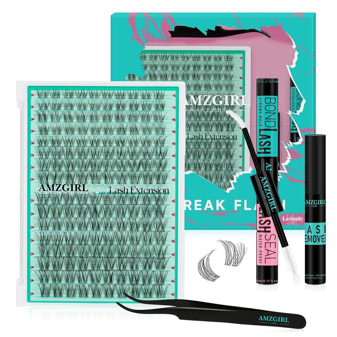 AMZGIRL Natural Lash Clusters Kit, DIY Lash Extension Kit with Full Tools | Beginner-friendly Lashes Clusters Kit for DIY at Home, with Waterproof Lash Bond&Seal, (Lavendy, 160Pcs-D Curl-Mix8-16mm)