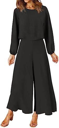 ROYLAMP Women's Summer 2 Piece Outfits Round Neck Crop Basic Top Cropped Wide Leg Pants Set Jumpsuits M
