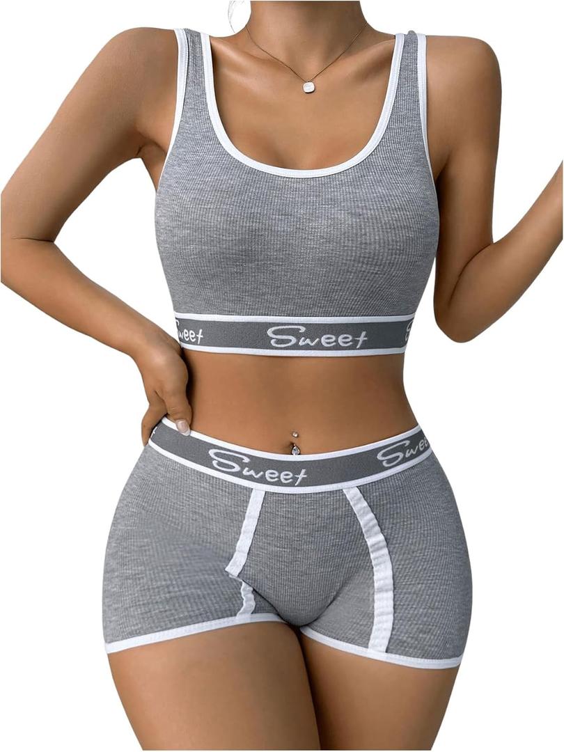 SweatyRocks Women's Letter Print 2 Piece Scoop Neck Bra and Mid Rise Boyshort Lingerie Set Underwear (Large, Light Grey)