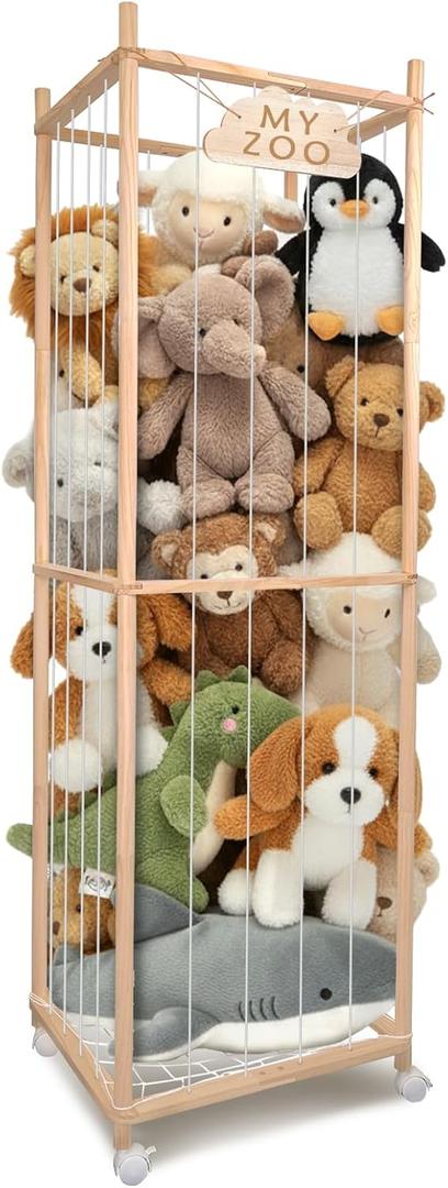 BETBEM Stuffed Animal Storage Zoo with Wheels, 64" Wooden Large Stuff Animals Plushies Holder Toy Organizer Kids Plush Storage Cage with Elastic Band and Net for Nursery Playroom Corner for Toddler