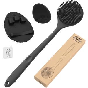 Manmihealth Silicone Back Scrubber (Thin Bristles) & Bath Glove & Face Brush Set(3PCS), Super-Exfoliating & Lathering Body Scrubber, Shower Brush, Face Scrubber Combination, with a Free Hook.(Black)