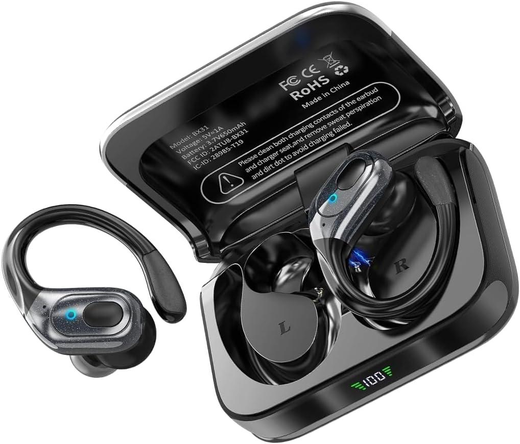 Wireless Earbuds, Sports Bluetooth Headphones, 75Hrs Playtime Ear Buds with LED Power Display, Noise Canceling Headset, IPX7 Waterproof Earphones for Workout/ Running