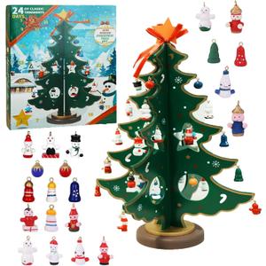 Christmas Countdown Advent Calendar,with a Tabletop Wooden Christmas Tree and 28 Ornaments Snowman Santa Decorations for Boys, Girls and Kids Party Favors, Classroom Prizes, Xmas Gift (Style 1)