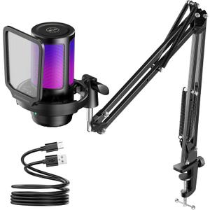 InnoGear Gaming USB Microphone, Noise Cancellation Condenser Mic with Mute, Gain, RGB Indicator, Boom Arm Stand for Streaming, Podcast, Twitch, YouTube, Discord, PC, Computer, PS4, PS5, Mac, Black