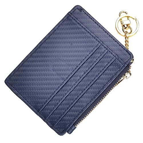 woogwin Slim RFID Credit Card Holder for Women Mini Front Pocket Wallet Purse With Keychain(Carbon Darkblue)