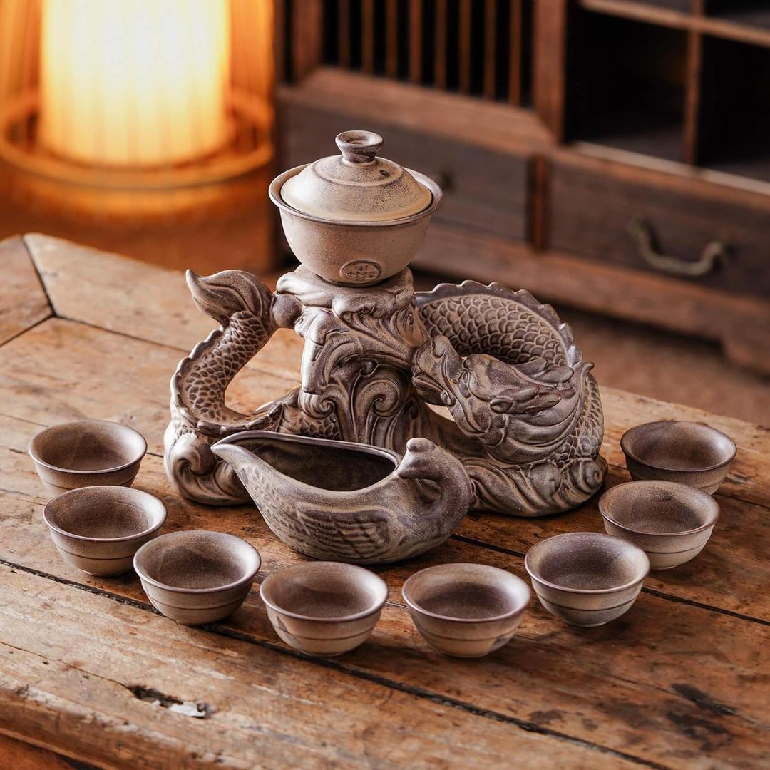 Zurucily Semi Automatic Tea Set Ceramic Teapot with Infuser Magic Teapot with 8 cups (Retro Dragon-D)