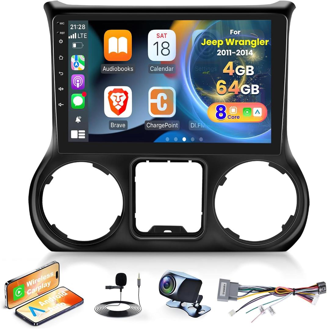 [8 Core 4G+64G] Car Radio for Jeep Wrangler 2011 2012 2013 2014-10.1 inch Android Touch Screen Car Play Stereo, DSP 32 EQ Audio/IPS Screen/Carplay/Android Auto/SWC/BT 5.0/WiFi