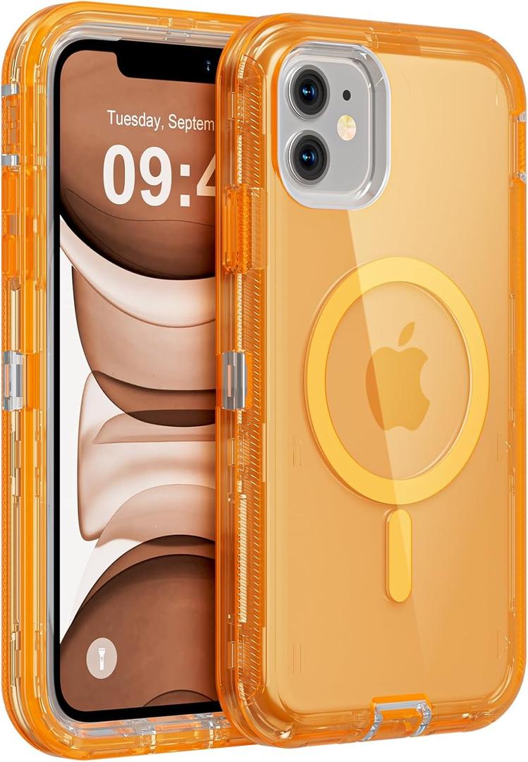 for iPhone 11 Case, Compatible with MagSafe, Heavy Duty Shockproof Protection Phone Cases, Anti-Drop, Dual Layer Transparent Magnetic Phone Case for iPhone 11, 6.1", Orange