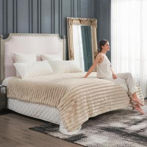 Cozy Bliss Faux Fur Throw Blanket for Couch, Cozy Warm Plush Striped Blanket for Sofa Bedroom Living Room, 108 * 90 Inches Beige
