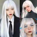 White Wig with Bangs, Long Straight White Wig for Women, 27 Inch Heat Resistant Synthetic Womens Hair Wigs for Cosplay Party Halloween