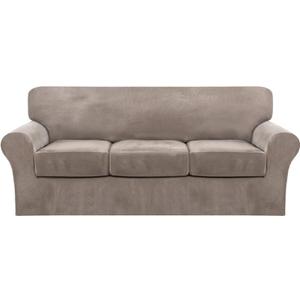 FantasDecor 4 Piece Sofa Velvet Couch Covers for 3 Cushion Stretch Slipcover with Individual Seat Cushion Elastic Furniture Protector for Pets, Machine Washable (Sofa, Taupe)