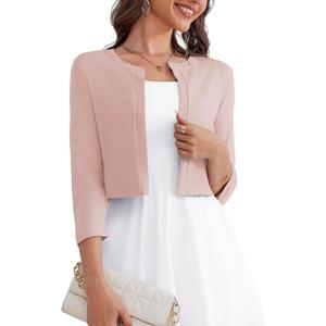 OmicGot Women's 3/ 4 Sleeve Cropped Cardigan Sweater Bolero Open Front Shrugs for Women Dresses Light Pink M