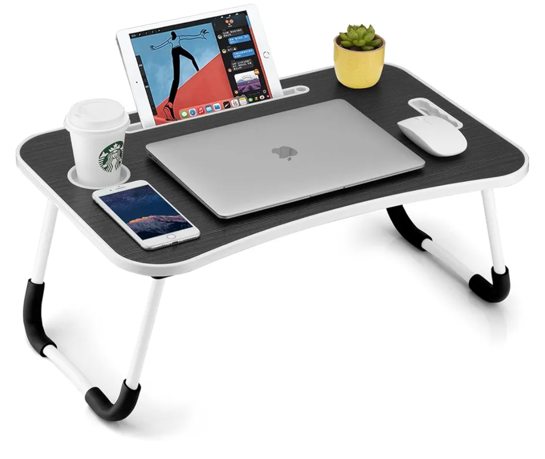 Foldable Laptop Table, Portable Lap Desk Bed Table Tray, Laptop Stand with Cup Holder & Tablet Slot & Lifting Handle for Working Writing Drawing & Eating (Black)