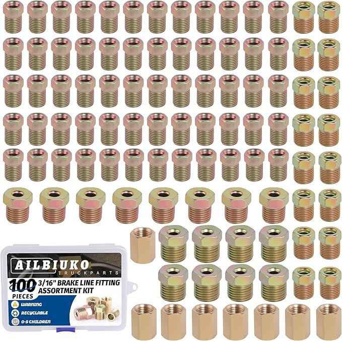 Ailbiuko 100Pcs 3/16" Brake Line Fittings Assortment Kit,3/8 Inch24 Threads Nuts and Unions,7/16 Inch24 Thread,1/2 Inch20 Thread,9/16 Inch18 Thread Nut