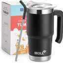 Travel Coffee Mug with Handle-16 oz Stainless Steel Vacuum Insulated Tumbler with Lid and Straw-Reusable Metal Cup with Silicone Pad, Leak Proof-BPA Free (Black)