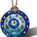 2 x DASTOLL Stained Glass Christmas Decorations, Blue and Gold Star Gift Box Suncatcher for Window Christmas Tree Hanging Ornaments Sun Catcher Xmas Decor Gifts for Women Men Mom Nana Friend (3.1x3.5IN)