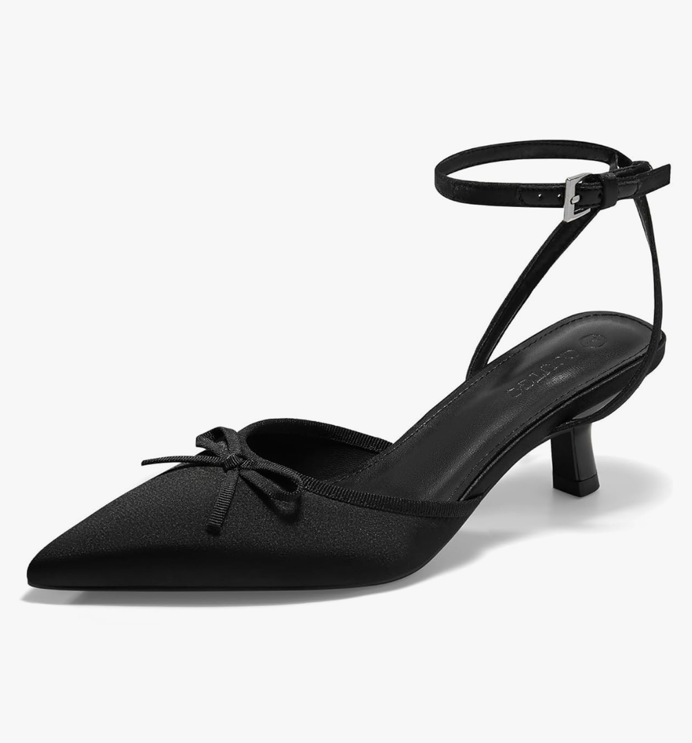 Coutgo Satin Kitten Low Heels with Bow Closed Pointed Toe Short Pumps Dress Wedding Party Shoes 9