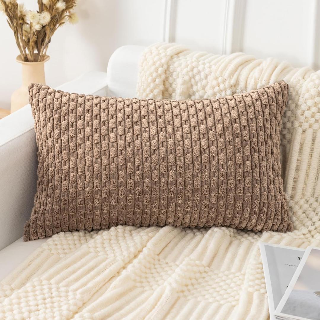UGASA Soft Corduroy Decorative Pillow Cover 12x20 Inch Boho Striped Oblong Throw Pillow Cover Modern Home Decor for Sofa Living Room Couch Bed Light Brown, 1 Piece