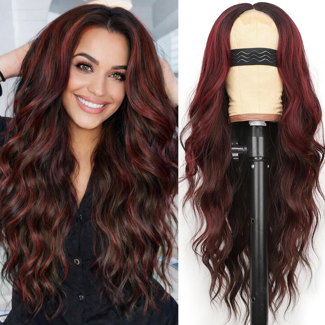 AISI HAIR Long Wavy Black with Red Highlight Lace Hairline Wigs for Women, Middle Part Synthetic Heat Resistant Wig for Daily Party-26 Inch