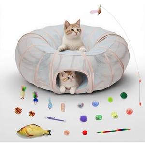 MOYMO Mesh Cat Tunnel Bed with 20 Cat Toys, Collapsible Play Tunnel for Indoor Cats,Visible Cat Tube for Kitten Puppy