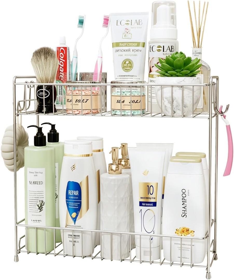 YQh 2-Tier Bathroom Storage Organizer Rack, Stainless Steel Shower Caddy, Counter and Vanity Shelf