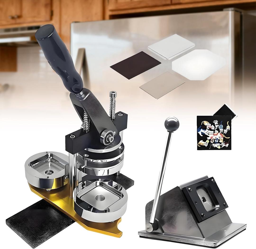 Fridge Magnets Botton Maker Machine, DIY Photo Magnet Making Press, 50mm/1.97 inch Square Pin Magnets Maker Machine Kit, with Paper Cutter & 100pcs Materials
