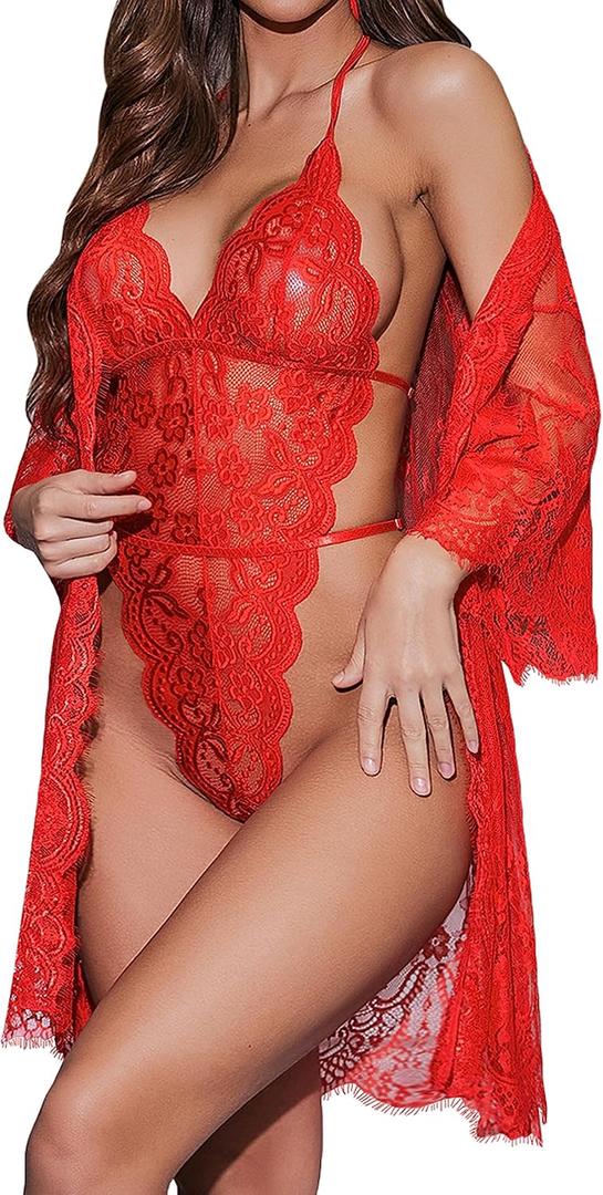 Avidlove Women Sexy Lingerie Set 2 Piece Lace Kimono Robe with Lace Teddy Lingerie Bodysuit (Bright Red), Size XL