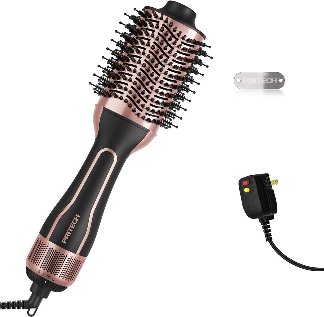 PRITECH 1000W 4 in 1 Hair Dryer Blow Dryer Brush in One,Dual Voltage Hair Dryer and Styler Volumizer with Oval Barrel, Professional Salon Hot Air Brush for All Hair Types (Black Gold)
