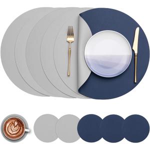 Myir JUN Round Placemats Set of 6 Faux Leather Place Mats and Coasters 15 inch Round Table Mats Dual Sided Non-Slip Stain Resistant Placemats (Light & Gray Blue, Set of 6)