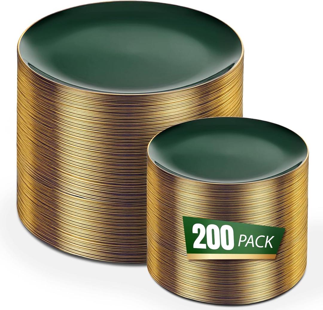 bUCLA 200PCS Green Plastic Plates - Green Disposable with Gold Rim Include 100 Dinner 10 inch & 100 Dessert 7 inch Plates, Ideal for Party & Christmas