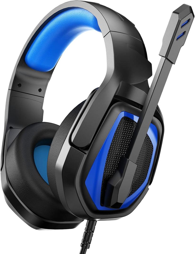 Anivia MH602 Gaming Headset Compatible with PC PS5 PS4 Xbox One Mac Laptop, Wired Stereo Over-Ear Headphones with Noise Cancelling Mic, Soft Memory Earmuffs for Adults & Kids, Black-Blue