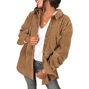 Saslax Womens Corduroy Shirt Long Sleeve Oversized Button Up V Neck Blouses Tops Loose Shacket Jacket (Large)
