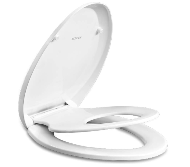 Elongated Toilet Seat with Toddler Seat Built In, Slow Close, Fits both Adult and Child, Potty Training Seat, Magnetic Kids Seat and Cover, Plastic, White