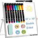 Small Magnetic Dry-Erase White Board  10 x 10 Inches Mini Easel Whiteboard 360 Degrees Revolving Double Sided Stand for Office, Home, School (Silver)