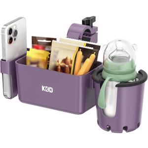 Stroller Cup Holder with Snack Tray, 3-in-1 Universal Stroller Tray with & Phone Holder, Removable Drink Holder, 360 Rotation Tray Attachment for Nuna, Wheelchair, Bike, Walker, Scooter (Purple)