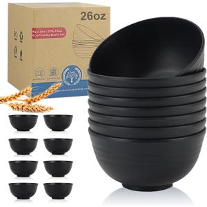 Wheat Straw Bowl Sets,8 PCS Unbreakable Cereal Bowls 26 OZ, Microwave and Dishwasher Safe Bowls, Alternative Plastic Bowl Reusable for Cereal, Salad, Snack, and Soup (Pure Black)