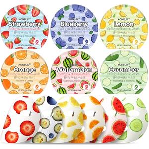 KONEUK 18 Pack Colorful Fruit Face Masks Skincare for Women, Bulk Sheet Hydrating Facial Mask for All Skin Types, Collagen Face Mask for Skin Care, Teacher Gifts, Mothers Day Gifts, Spa Party Gifts