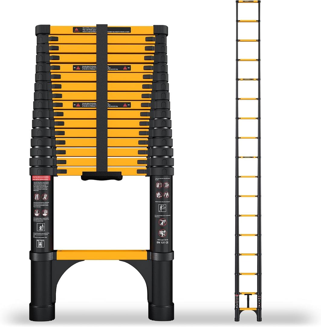SINMEIRUN Telescoping Ladder, 16.5 FT, 11.8" Rung Spacing, Aluminum Extension Ladder, 330 lbs Capacity, Collapsible Multi-Purpose Ladder for Home, Roof and RV; Yellow