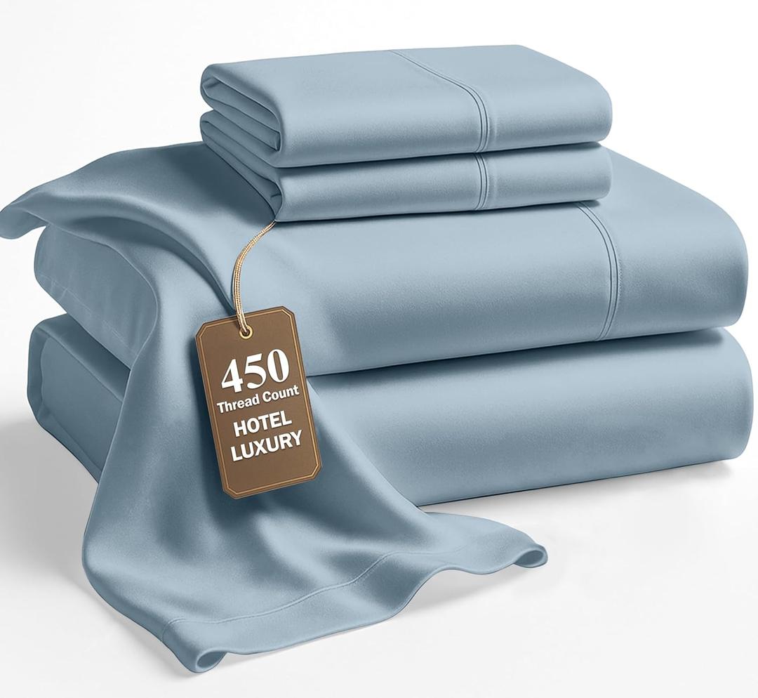 LANE LINEN Queen Bed Sheets - Pemium 450 Thread Count Long Staple 100% Cotton Sheets Queen Size Bed Set, Hotel Luxury Sateen Finish, 15" Deep Pocket Fitted Sheet, Cool & Durable - French Blue