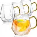 Set of 4 Glass Coffee Cups, 12 Oz Clear Glass Tea Mugs with Handle, Diamond Shape Espresso Liquor Drinking Mugs for Latte, Cappuccino, Juice, Milk, Beverages, Lightweight