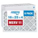 Aerostar 16x25x4 MERV 11 - 6 Count - Pleated HVAC, Furnace & Air Conditioner Filters - Removes Dust, Cold & Flu Germs, Lint, Mold, Pet Dander, Allergy-Causing Pollen, Smog & Smoke