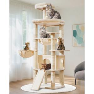 Taoqimiao 72 Inches Cat Tree for Large Cats, Multi-Level Tall Cat Tower, Widened Cat Condo with Large Scratch Board, 5 Scratching Posts, Metal Hammcock, Cozy Basket, Beige, MS045M