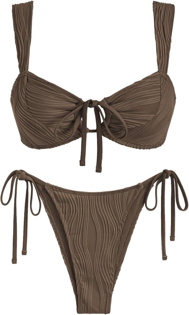 ZAFUL Women's Cinched Bikini Solid Color Wave Textured Knotted Tied Side Two Piece Swimsuit Bathing Suits (Medium, Brown)