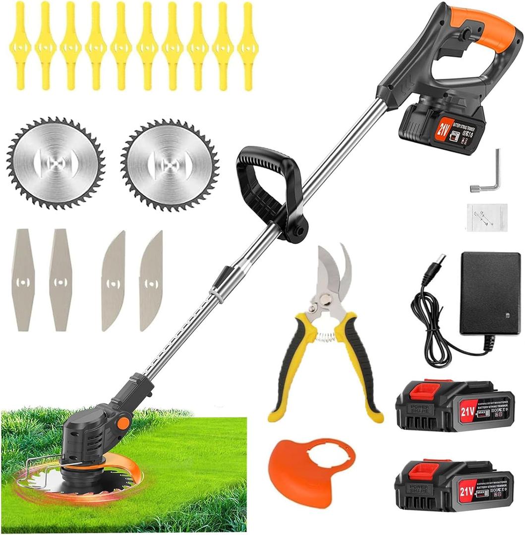 21V Cordless Weed Wacker Electric String Trimmer/Edger, 2.0Ah Battery and Charger Included, Brush Cutter Lawn Mower with 3 Types of Blades, for Lawn, Yard and Bush Trimming