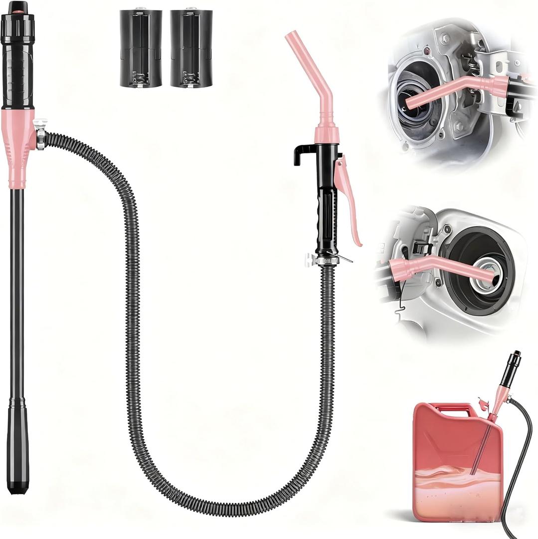 Electric Fuel Transfer Pump, 3GPM Portable Fluid Transfer Siphon Pump with Oil Pipeline, Battery Gas Pumps with Adjustable Flow Control Nozzle for Car/RV(Pink)
