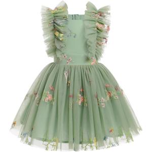 Girls Birthday Party Dress Ruffle Sleeve Sequin Dots Floral Tulle Princess Wedding Pageant Formal Bance Gown (Green,130)