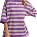 Womens Striped Polo T-Shirts Oversized Short Sleeve Top Cotton Color Block Loose Basic Tee Casual Tunics Summer Spring Tops (Small, Purple Sliver)